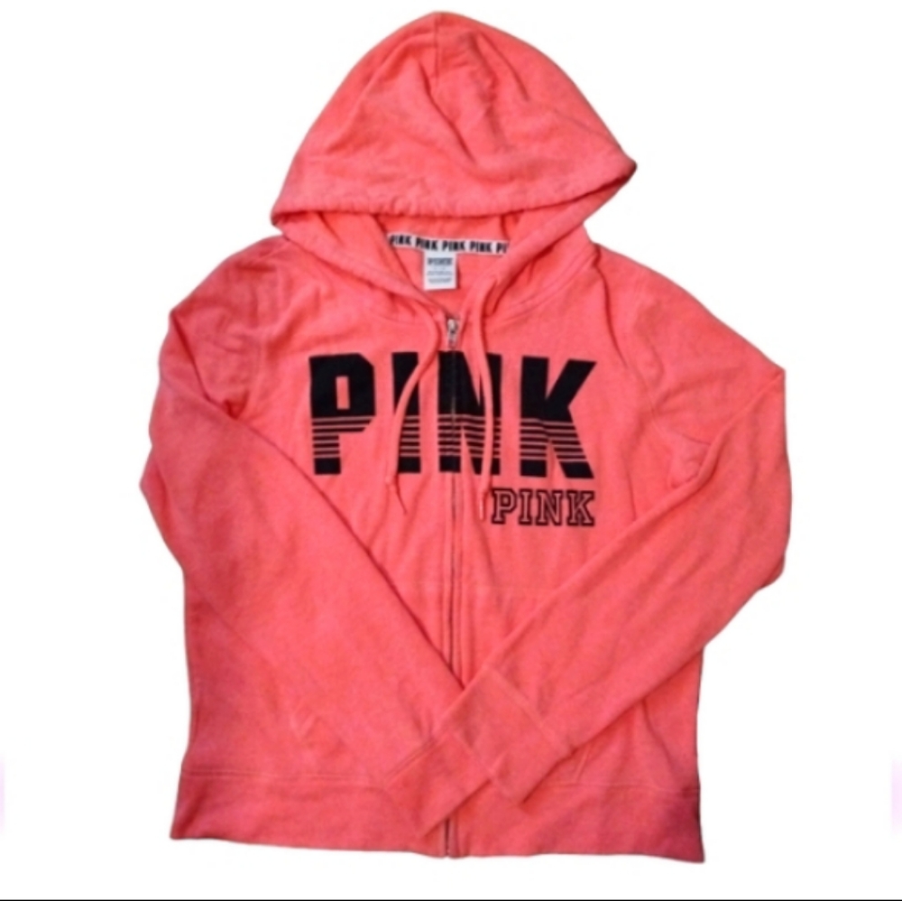 PINK VS Full Zip Up Hoodie Neon Orange/Coral w/ Black Logo rare/htf - Picture 2 of 3